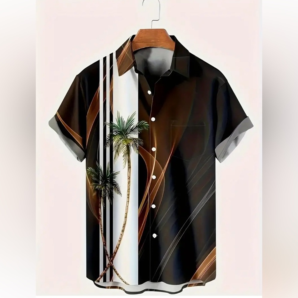 Coconut Tree Print Fashion Button-Up Shirt Sleeve Shirt (XL)